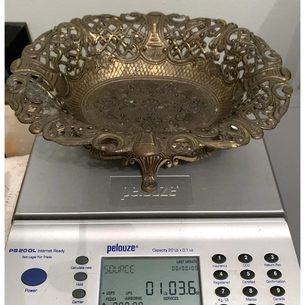 Brass Patina Ornate Reticulated Oval 2pc Basket Base Potmetal Italy CT7 Vtg 60s